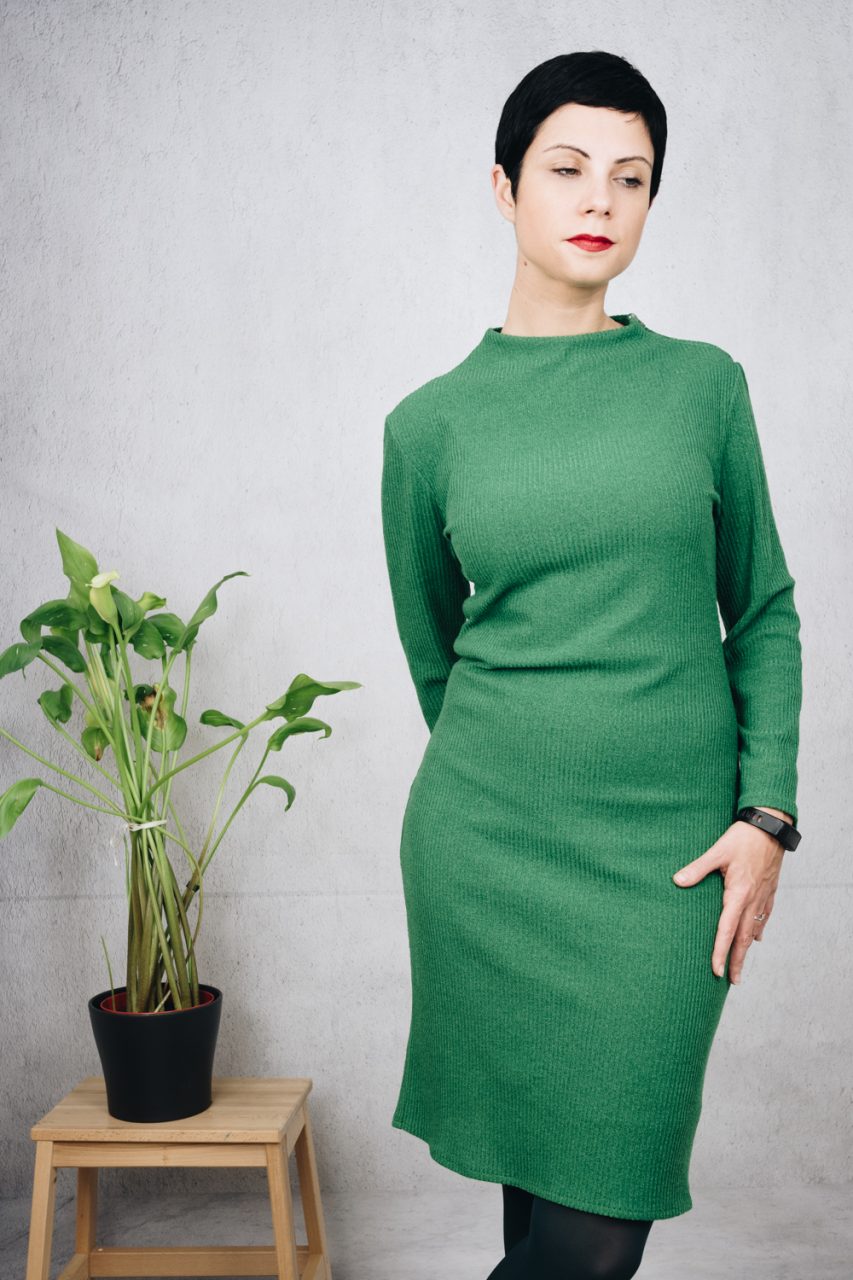 November wear count - Dreen ribbed sheath dress with green tights and wood platform leather boots