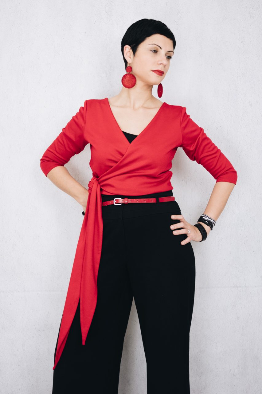 November Wardrobe Count - Red ballet wrap top with high waist trousers and block heel sling back sandals