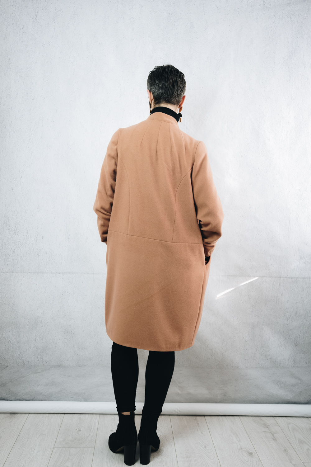 DIY Camel Coat, made using the Dawson Coatigan sewing pattern, by The Thrifty Stitcher