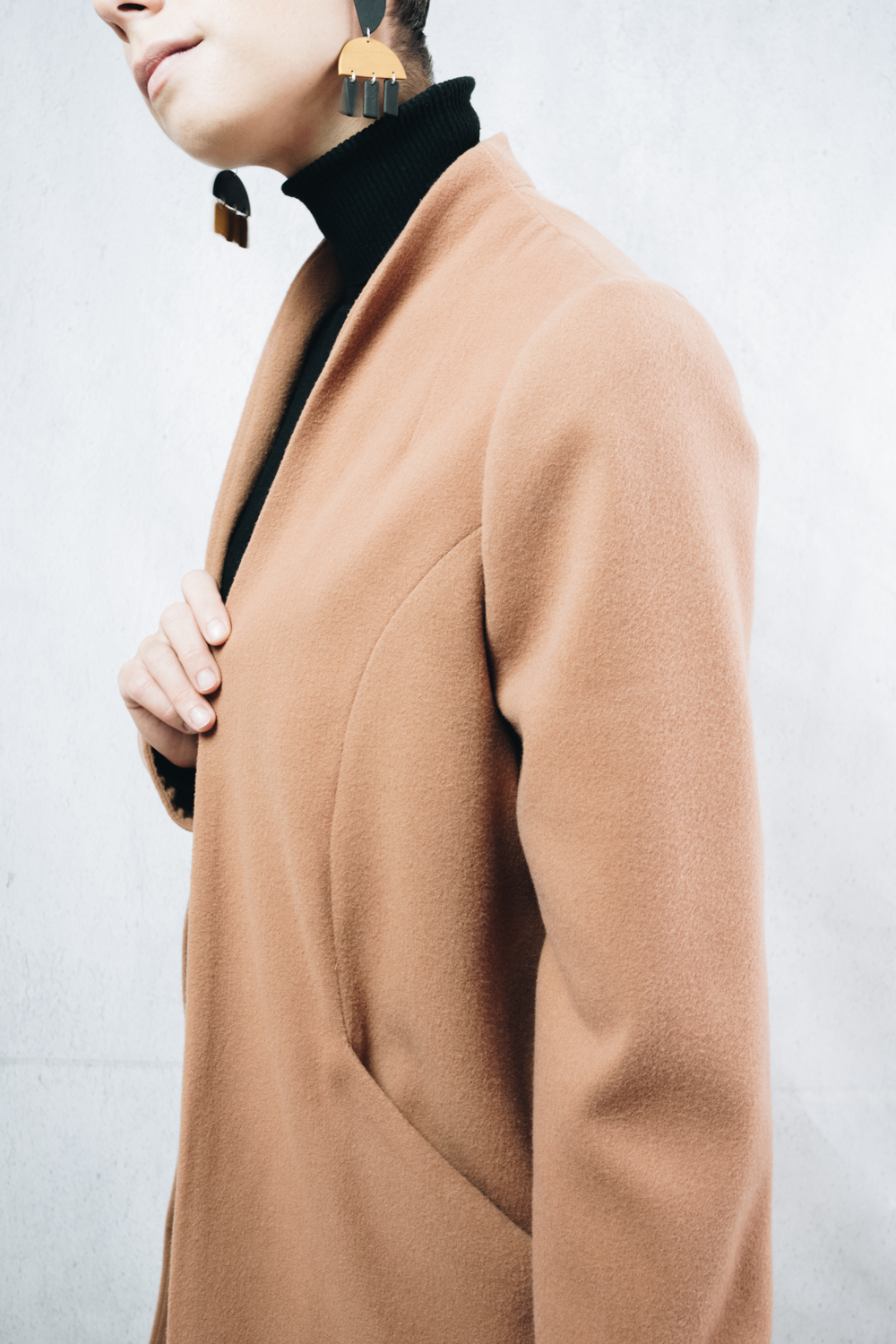 DIY Camel Coat, made using the Dawson Coatigan sewing pattern, by The Thrifty Stitcher